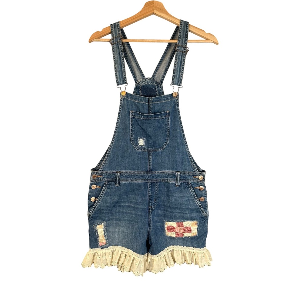 Quilt Patchwork Ruffle Cottagecore Denim‎ Shortalls Overalls M Retro Feminine